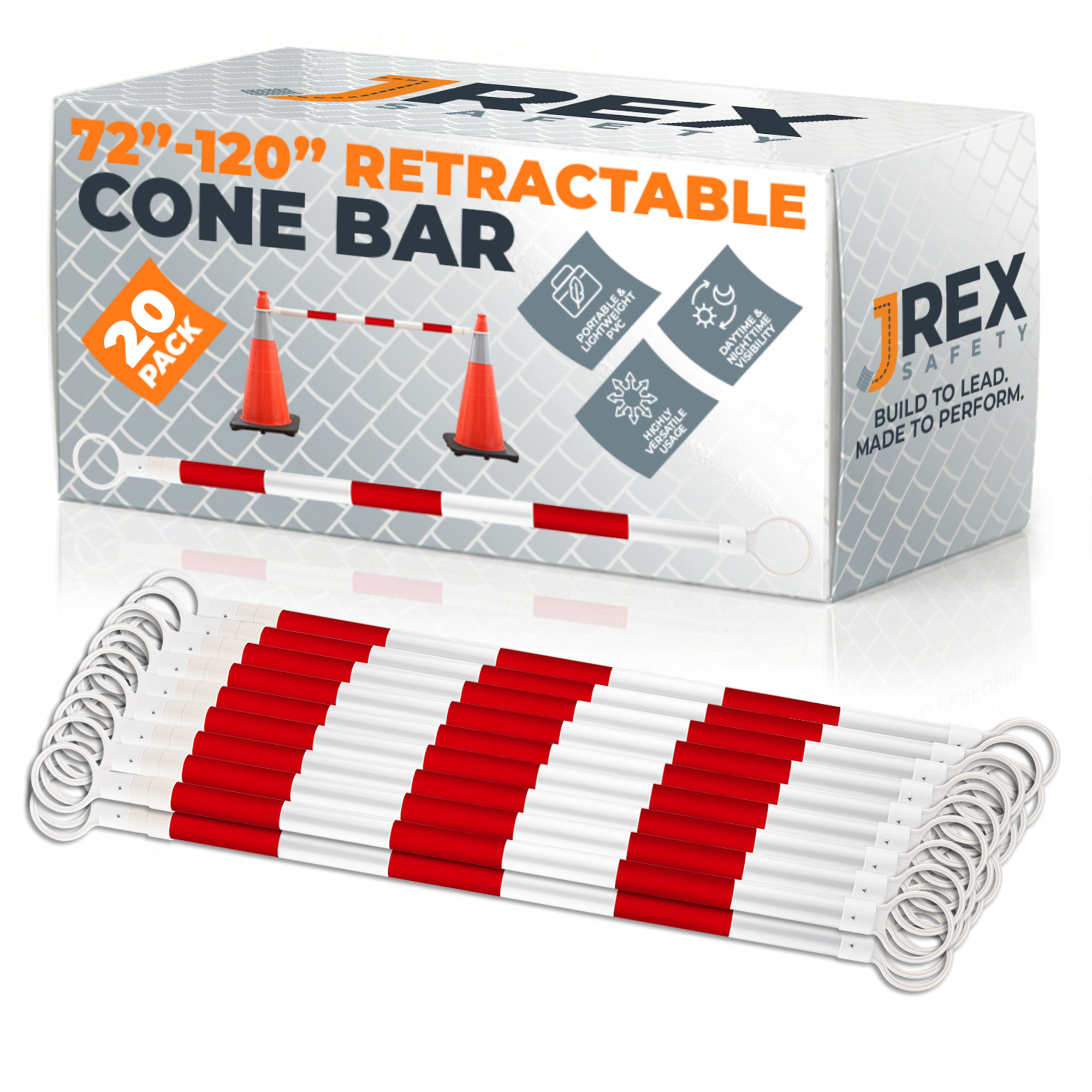 Retractable Cone Bar Red/White - 72" to 120" Length - 20 Pack